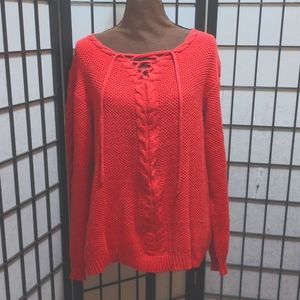 Easel Rich Coral Cable/Knit Front Lace-Up Round Neck Long Sleeve Chunky Sweater